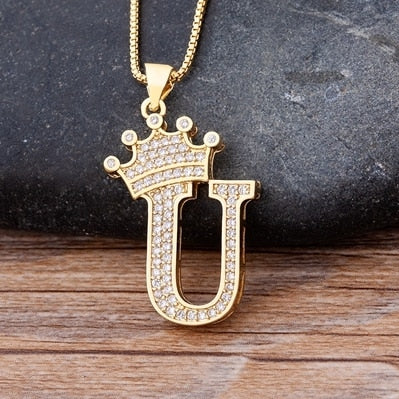 A-Z Zircon Crown Initial Alphabet Pendant Necklace