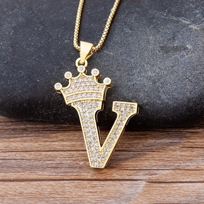 A-Z Zircon Crown Initial Alphabet Pendant Necklace