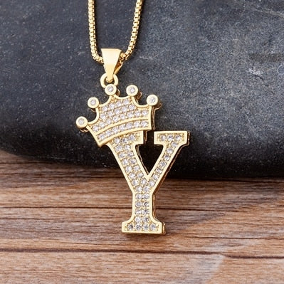 A-Z Zircon Crown Initial Alphabet Pendant Necklace