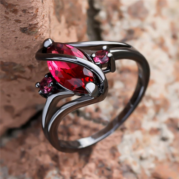 Anillo de compromiso vintage de oro negro de 14 quilates con cristal de hoja roja para mujer