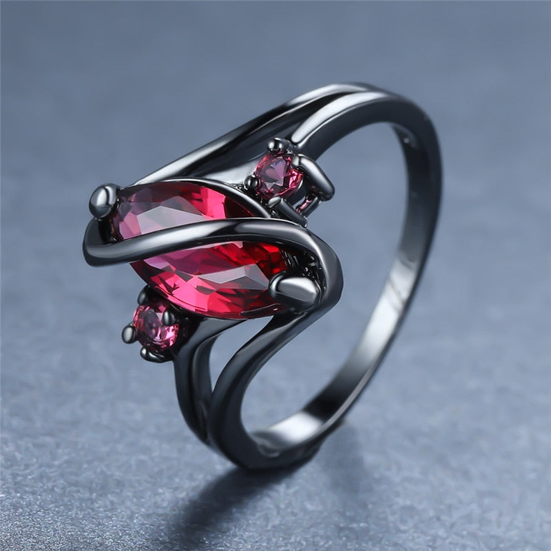 Female Red Leaf Crystal Ring Vintage 14KT Black Gold Engagement Rings For Women