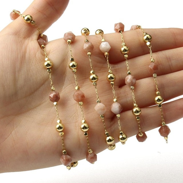 Gold Color Chain Faceted Stone Beads