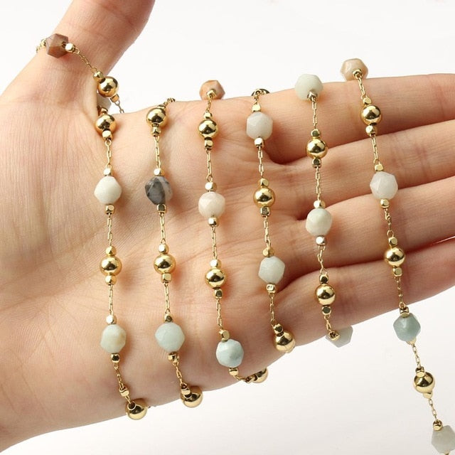 Gold Color Chain Faceted Stone Beads