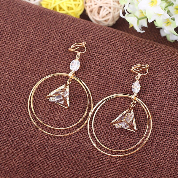 Simple Style Fashion Gold Color Zircon Clip on Earrings for Women