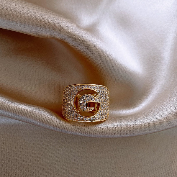 Anillos de lujo con apertura de letra G de circonita para mujer