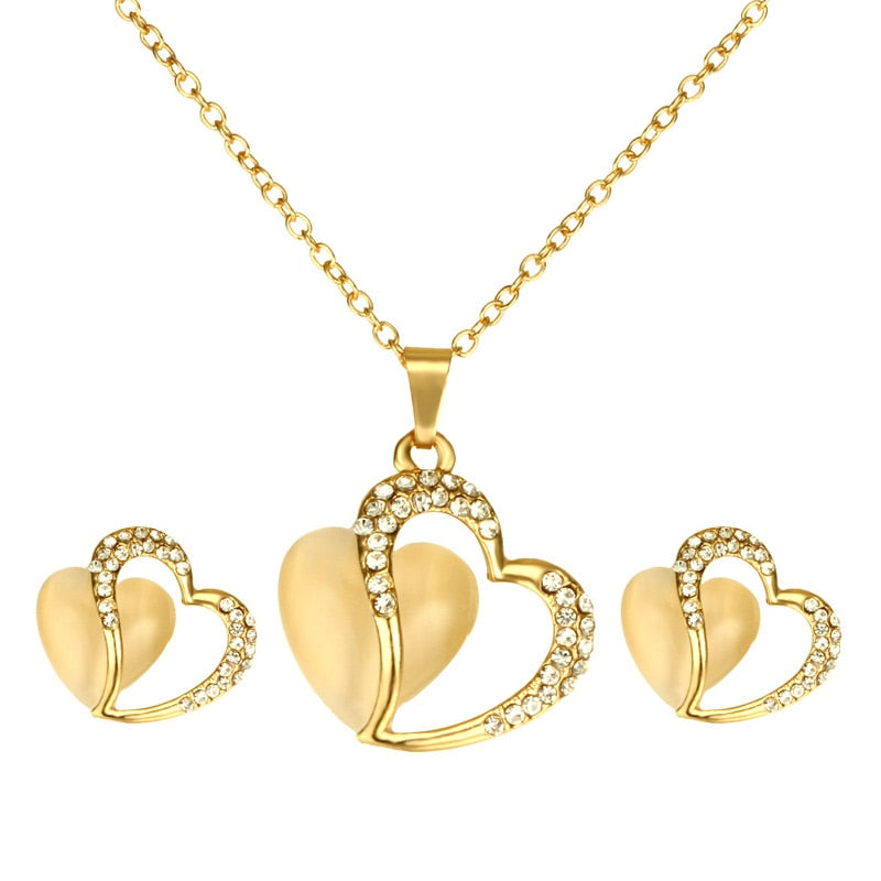 Romantic Crystal Opal Heart Pendant Jewelry Sets