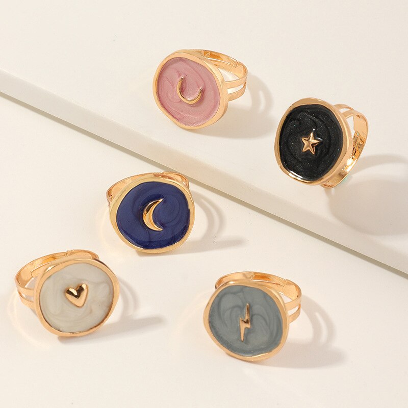 Creative Wedding Heart Star Moon lightning Round Gold Color Ring