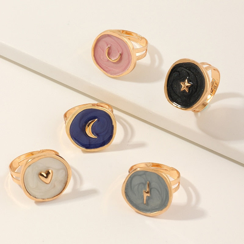 Creative Wedding Heart Star Moon lightning Round Gold Color Ring