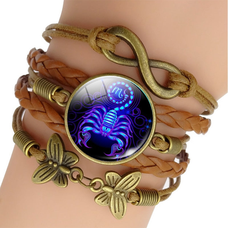 12 Zodiac Sign Woven Leather Bracelet