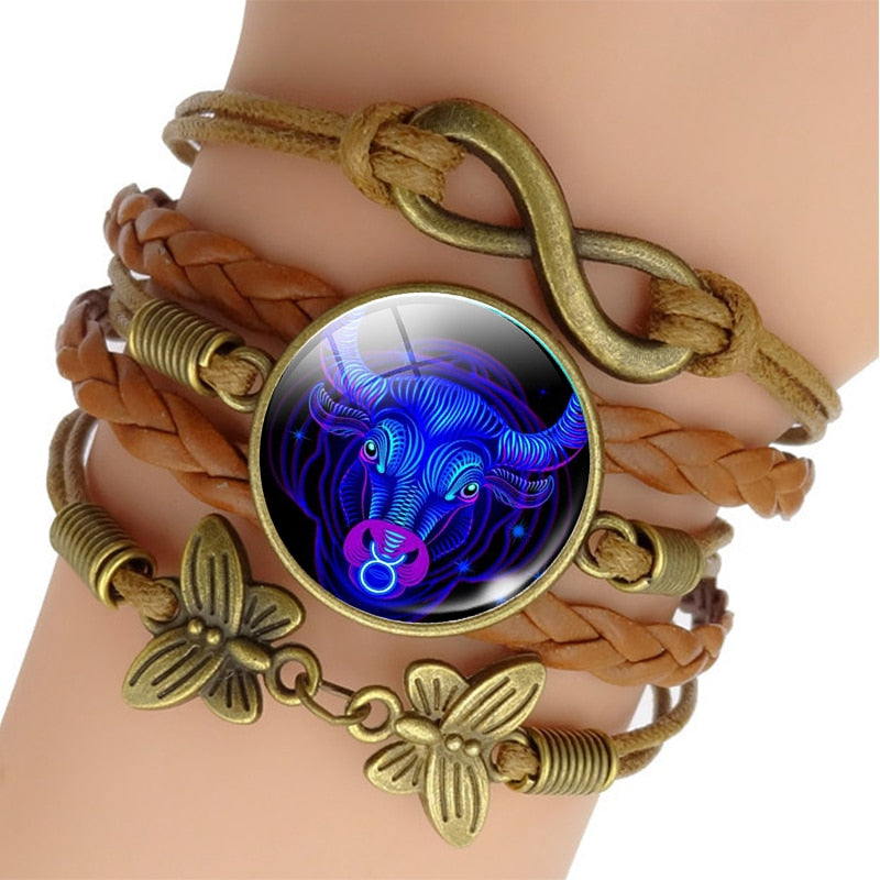 12 Zodiac Sign Woven Leather Bracelet