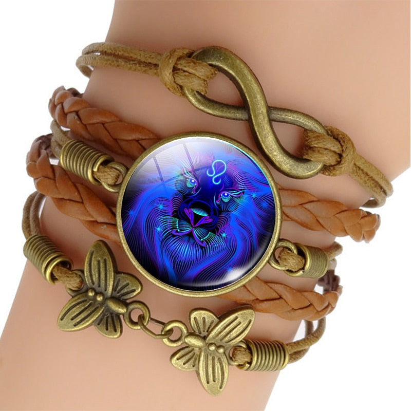 12 Zodiac Sign Woven Leather Bracelet
