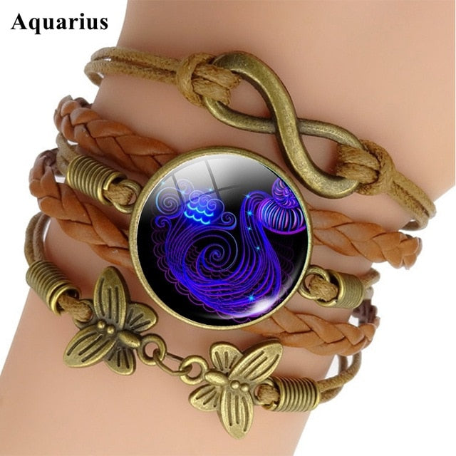 12 Zodiac Sign Woven Leather Bracelet