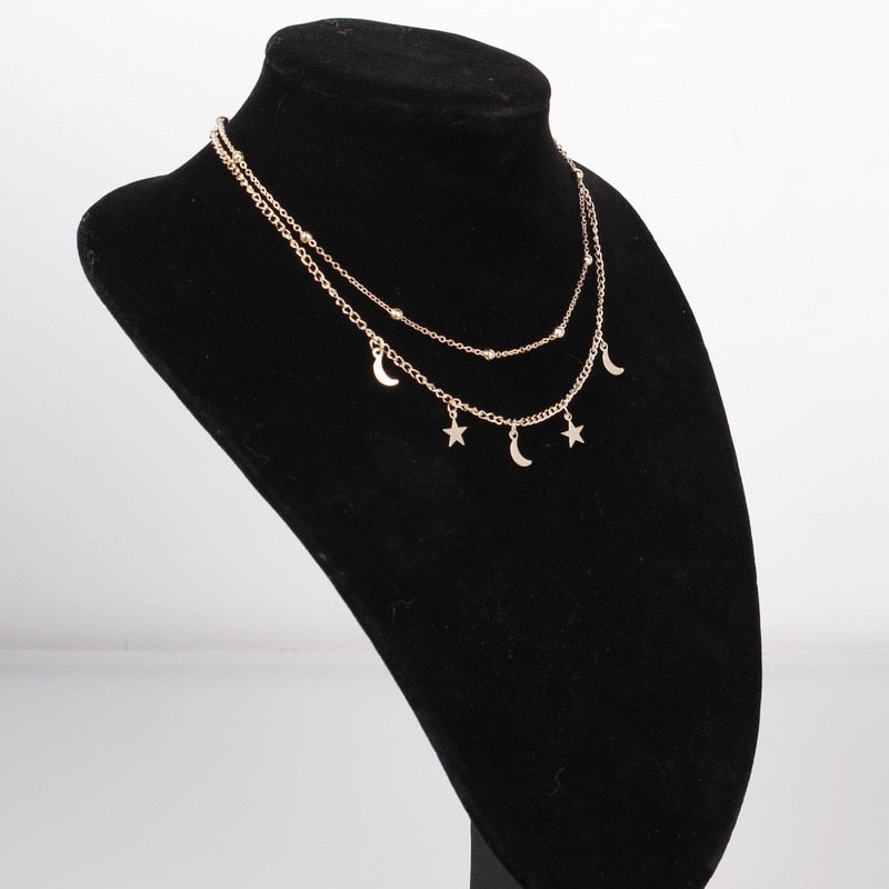 Crescent Double Chain Choker Necklaces