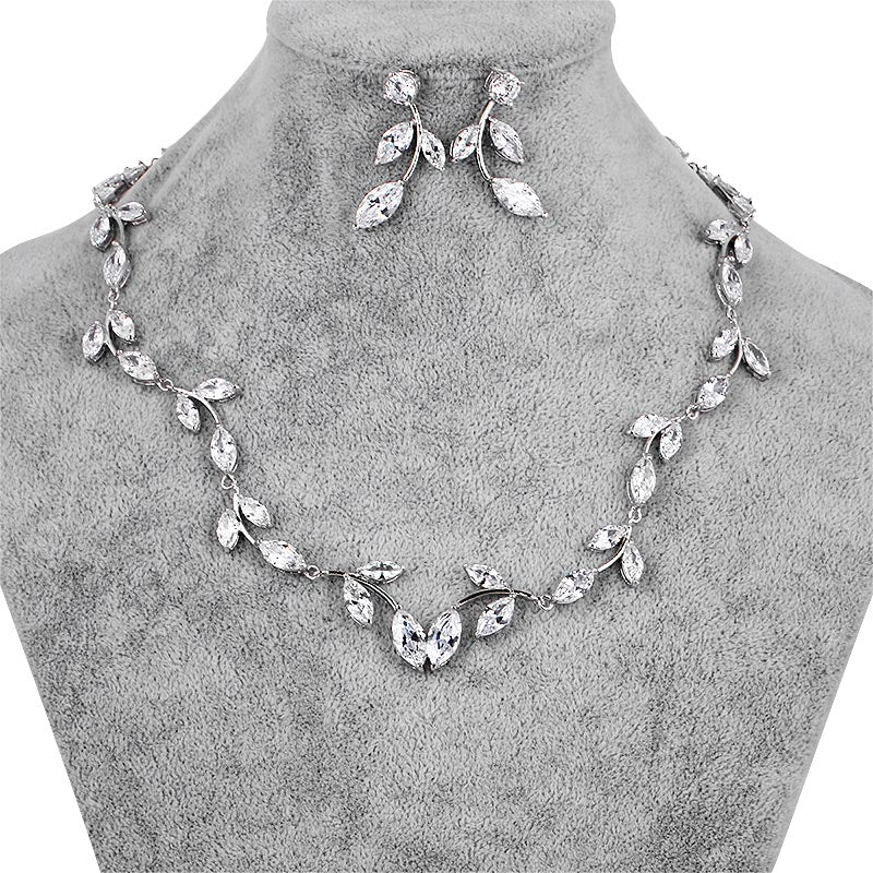 Sparkling Cubic Zirconia Crystal Leaf Necklace and Earring Set