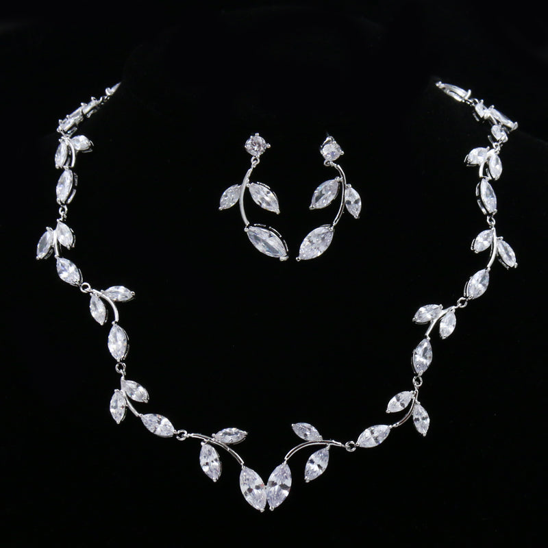 Sparkling Cubic Zirconia Crystal Leaf Necklace and Earring Set