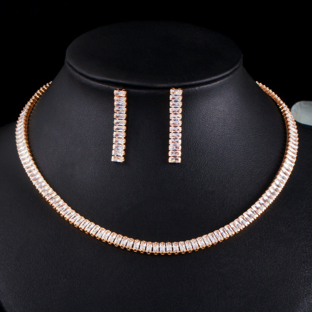 Zirconia African Gold Color Women Wedding Necklace Earring Brides Jewelry Set