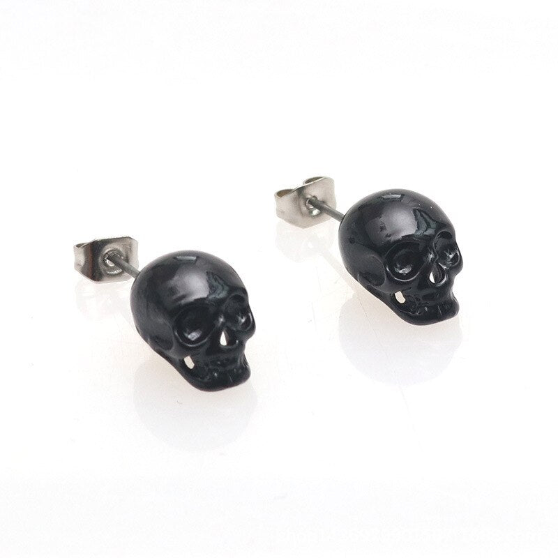 Stud Earrings  Antique Silver Color Black Skull 1 Pair