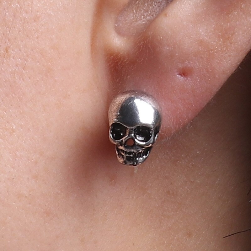 Stud Earrings  Antique Silver Color Black Skull 1 Pair