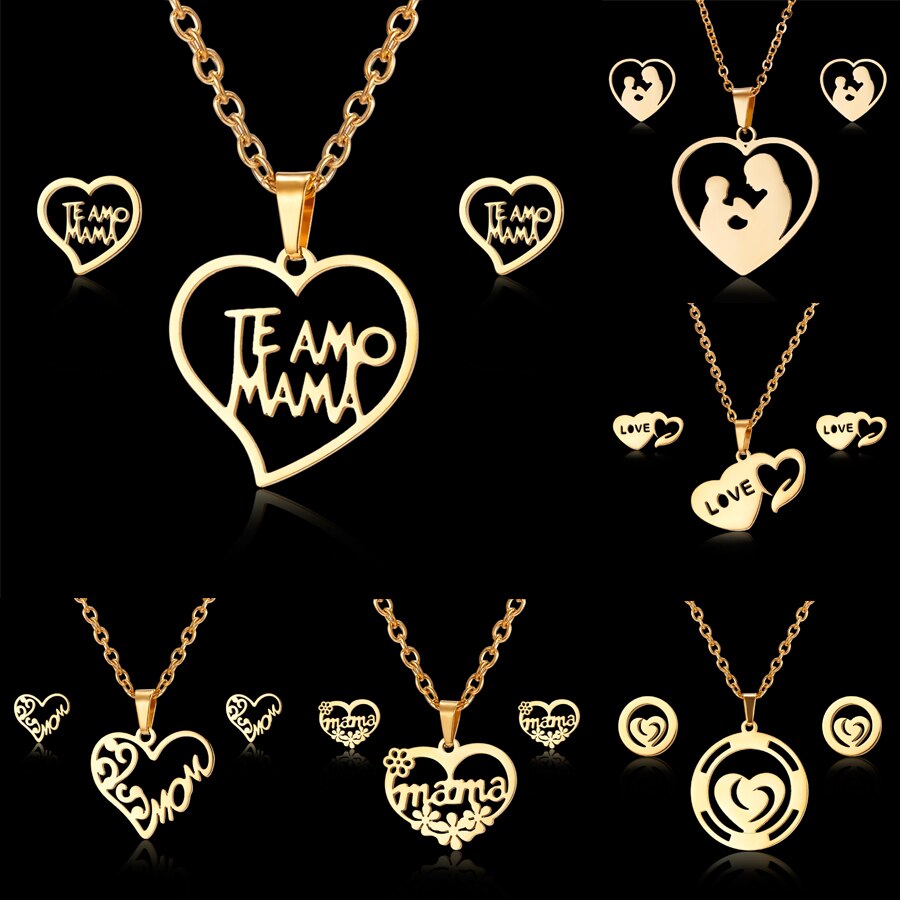 Love Heart Rose Flower Pendant Necklace Earrings Mom Jewelry Set