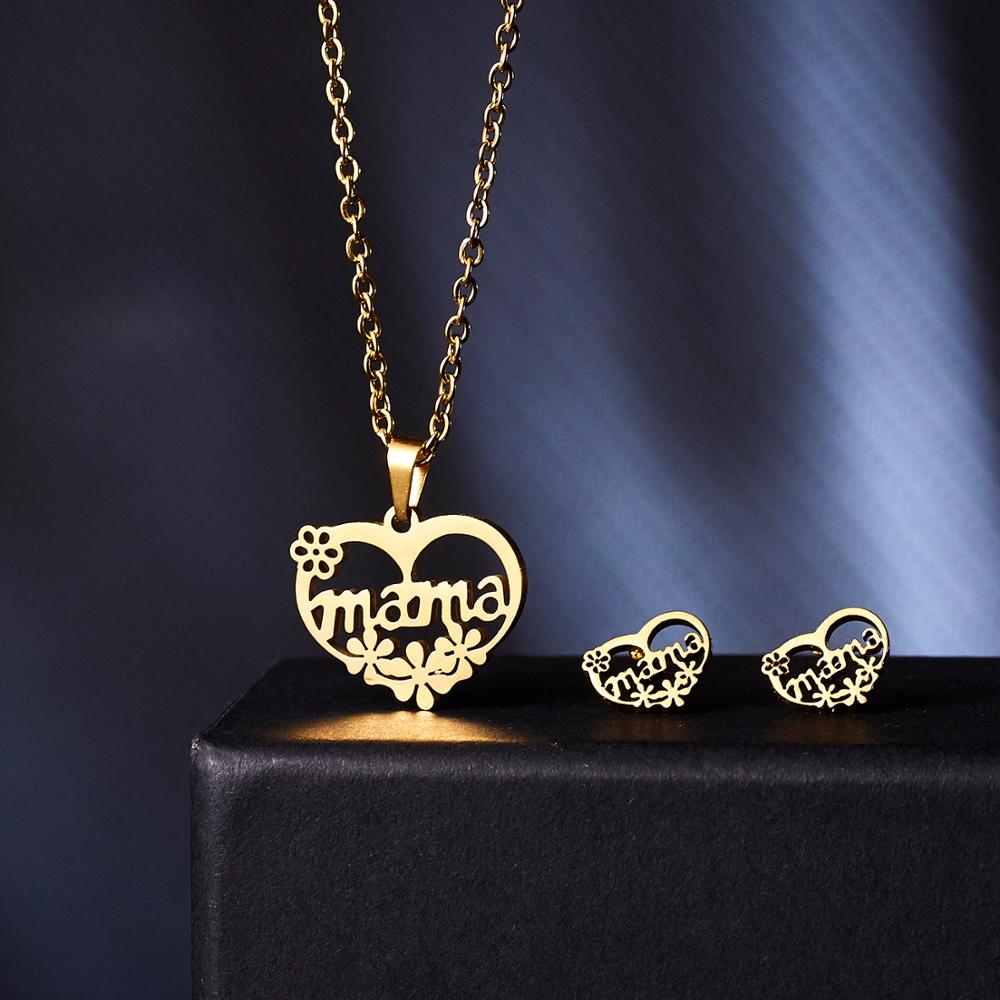 Love Heart Rose Flower Pendant Necklace Earrings Mom Jewelry Set