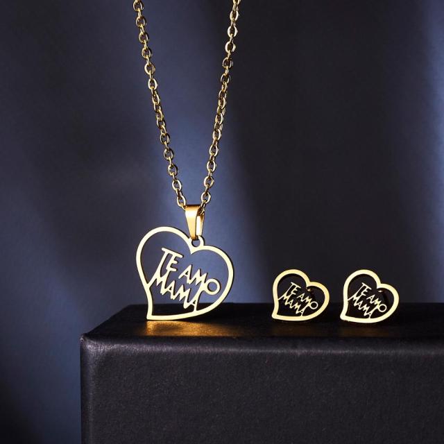 Love Heart Rose Flower Pendant Necklace Earrings Mom Jewelry Set