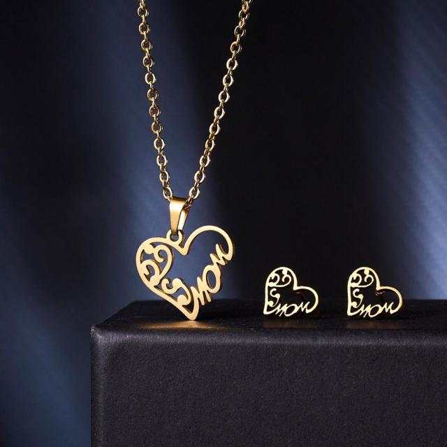 Love Heart Rose Flower Pendant Necklace Earrings Mom Jewelry Set