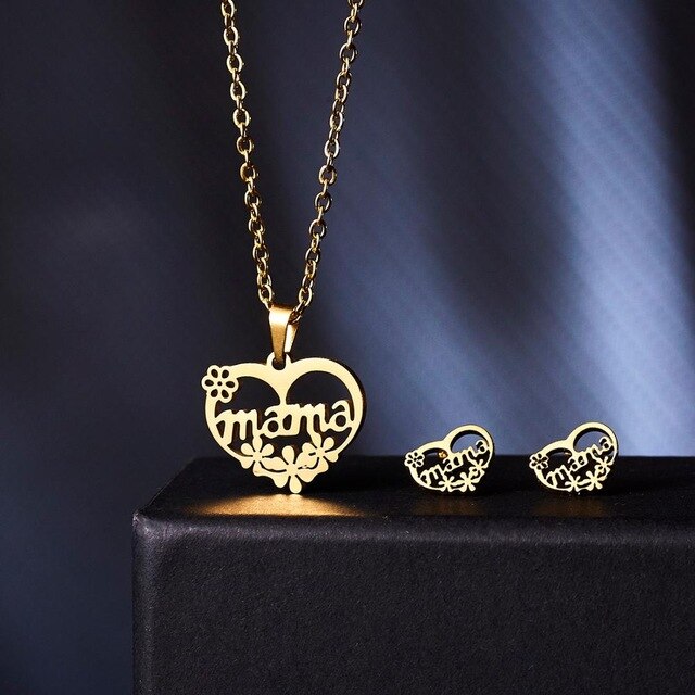 Love Heart Rose Flower Pendant Necklace Earrings Mom Jewelry Set