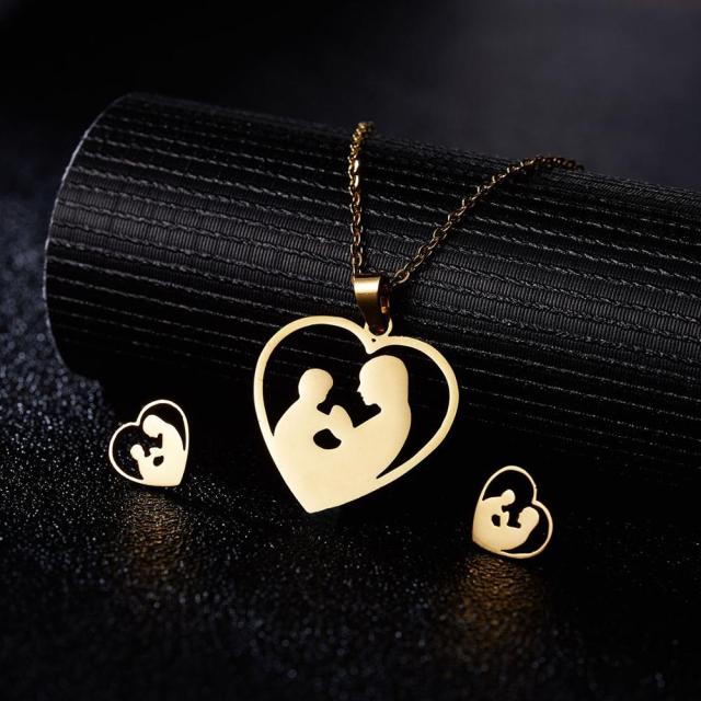 Love Heart Rose Flower Pendant Necklace Earrings Mom Jewelry Set