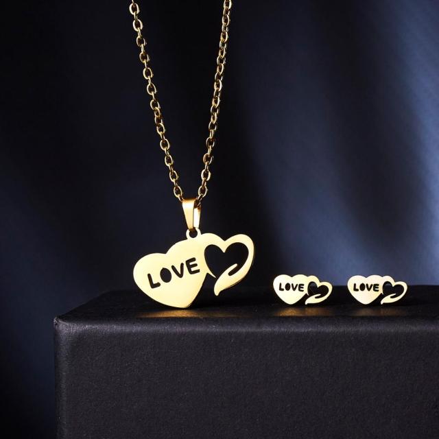 Love Heart Rose Flower Pendant Necklace Earrings Mom Jewelry Set