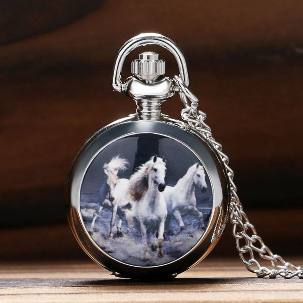 Reloj de bolsillo vintage de cuarzo con diseño de caballo plateado