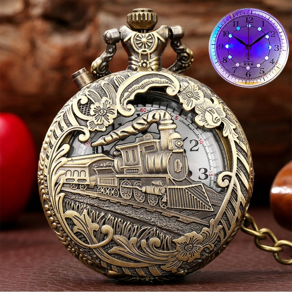 Reloj de bolsillo de cuarzo con motor de locomotora de tren de bronce con luz LED luminosa