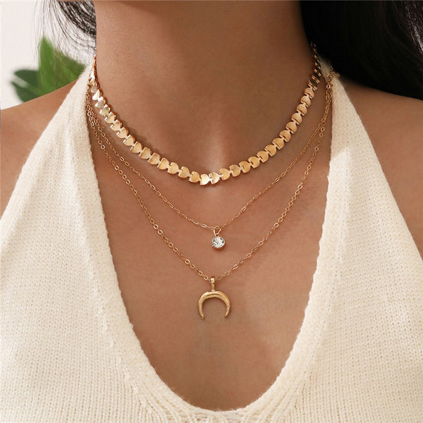 Bohemian Sun Zircon Moon Fish Tail Mixed Pendant Necklace