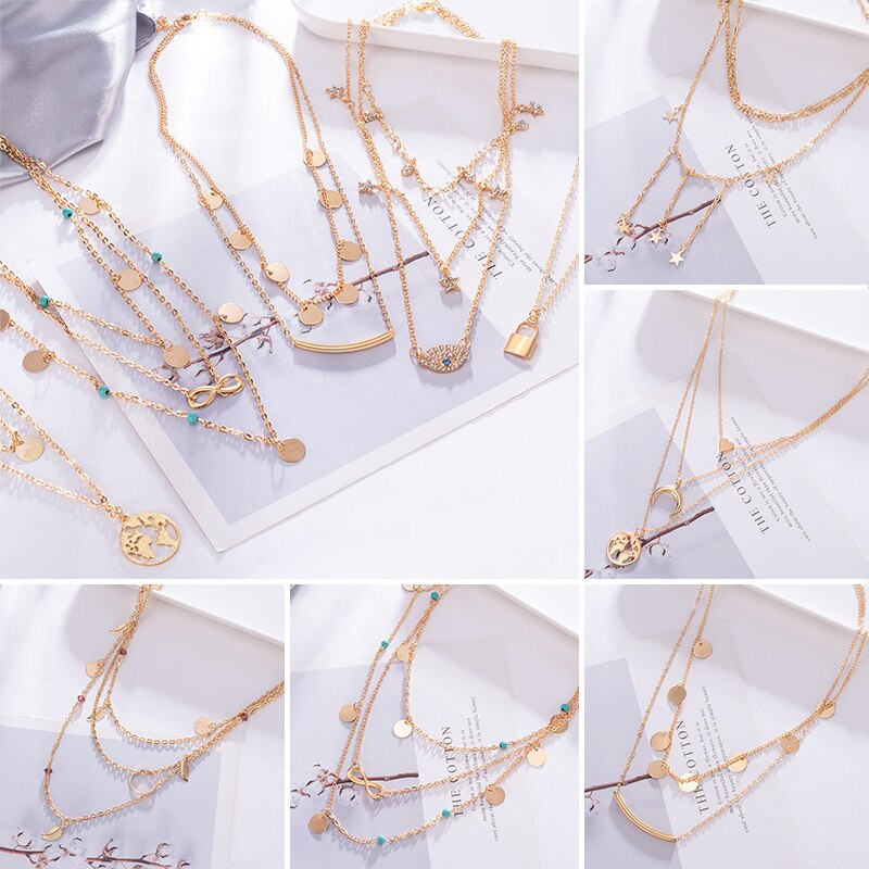 Women Multilayer Chain Crystal Moon Pendants