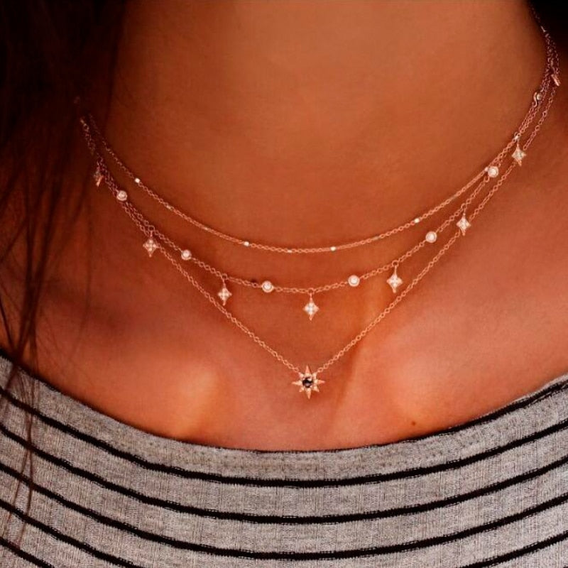 Women Multilayer Chain Crystal Moon Pendants