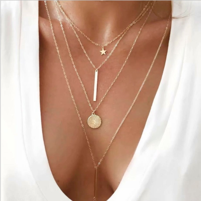 Women Multilayer Chain Crystal Moon Pendants