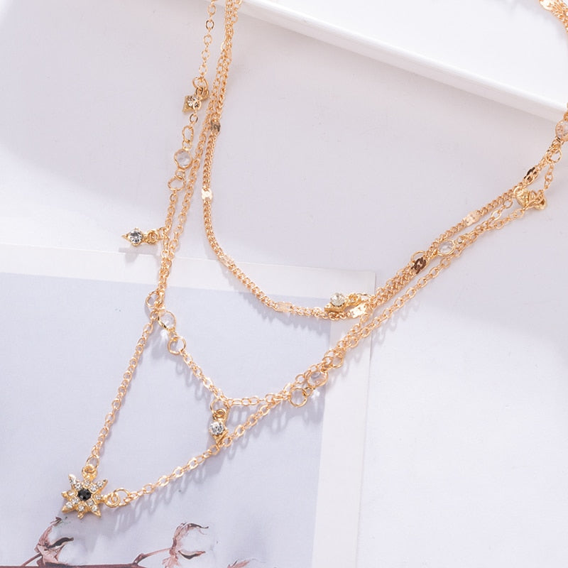 Women Multilayer Chain Crystal Moon Pendants