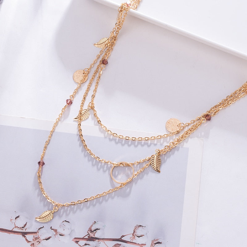 Women Multilayer Chain Crystal Moon Pendants