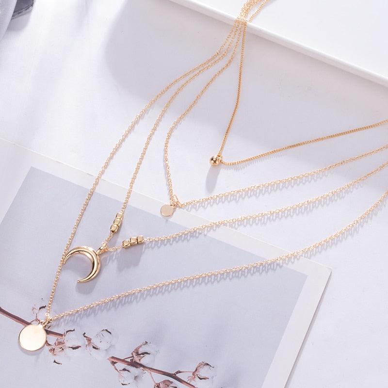 Women Multilayer Chain Crystal Moon Pendants