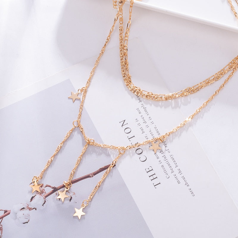 Women Multilayer Chain Crystal Moon Pendants