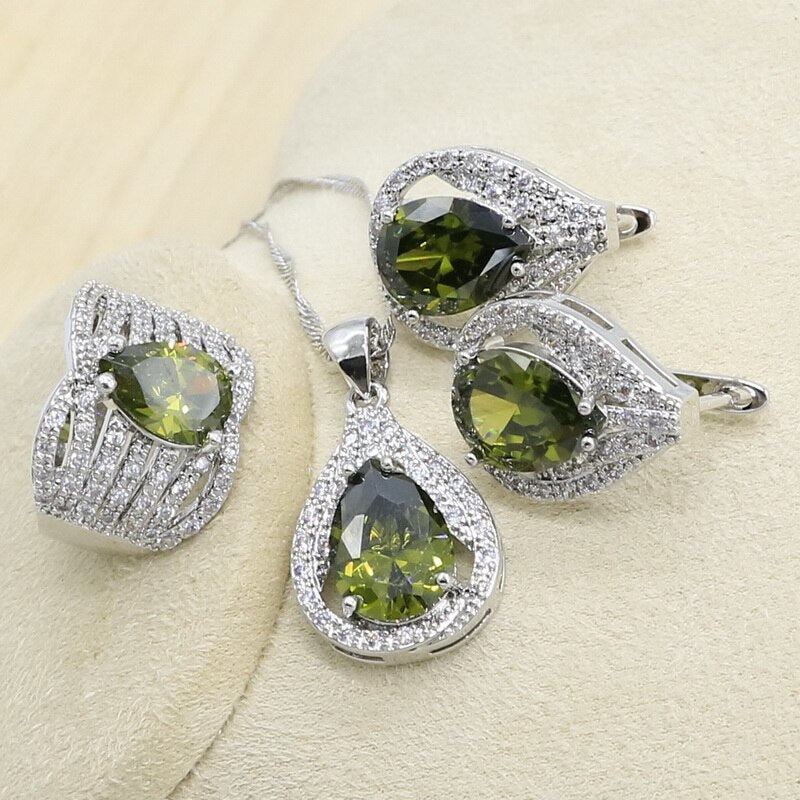 New Olive Green Zircon  Silver Color Jewelry Set
