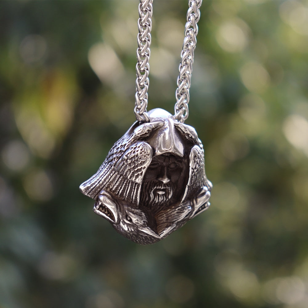 Norse Odin Viking Stainless Steel Pendant Scandinavian Raven Wolf Men's Amulet