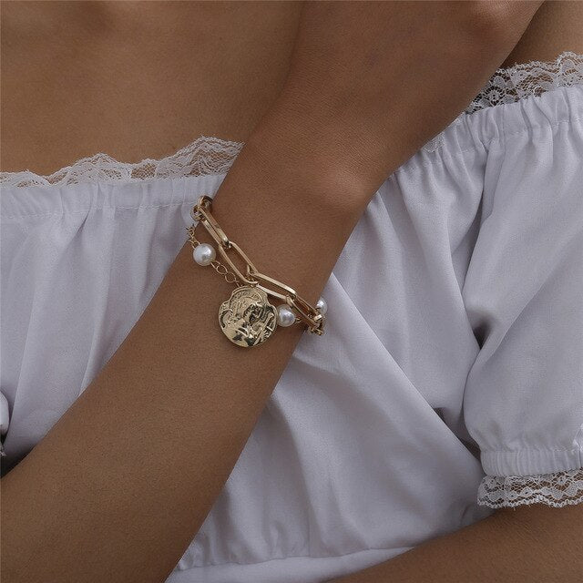 Punk Cuban Chains Pearl Bracelets Set For Women
