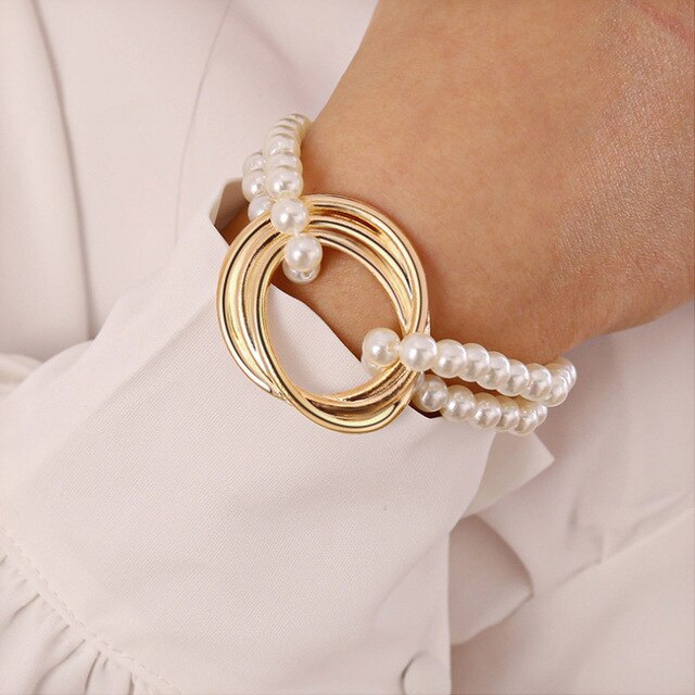 Punk Cuban Chains Pearl Bracelets Set For Women
