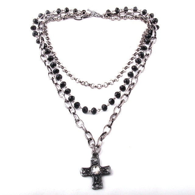 3 Layer Multiple Black Glass Crystal Rosary Cross Pendant Necklaces