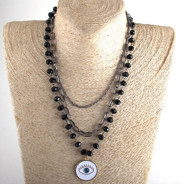 3 Layer Multiple Black Glass Crystal Rosary Cross Pendant Necklaces