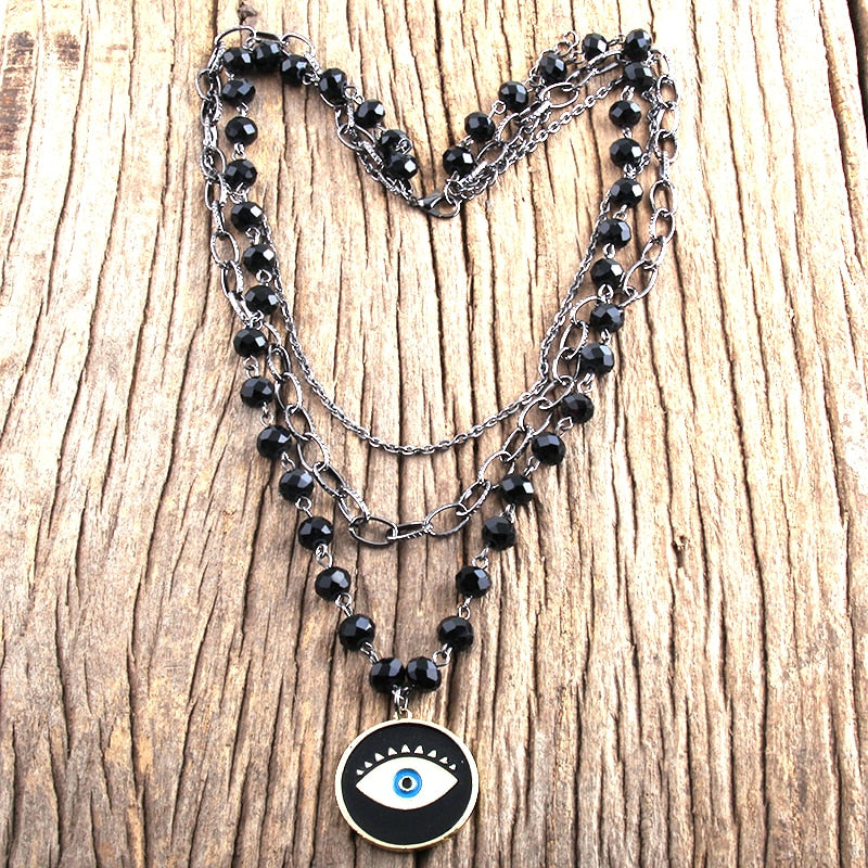 3 Layer Multiple Black Glass Crystal Rosary Cross Pendant Necklaces