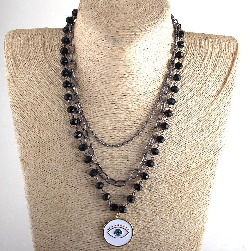 3 Layer Multiple Black Glass Crystal Rosary Cross Pendant Necklaces