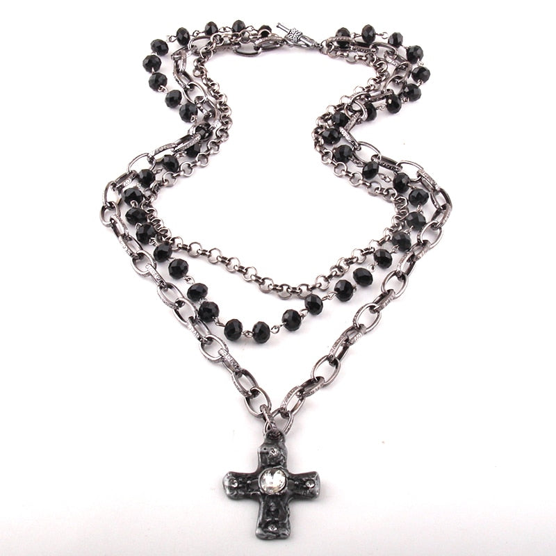 3 Layer Multiple Black Glass Crystal Rosary Cross Pendant Necklaces