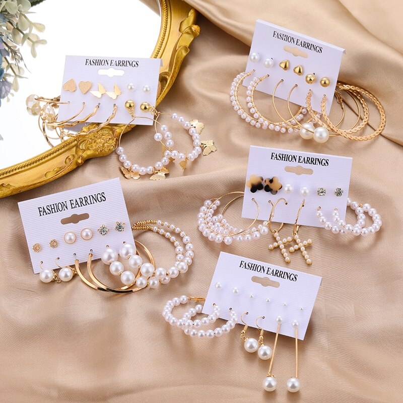 Fashion Gold Pearl Earrings Set