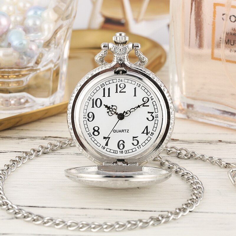 Luxury Silver Shield Crown Pattern Quartz Pocket Watch